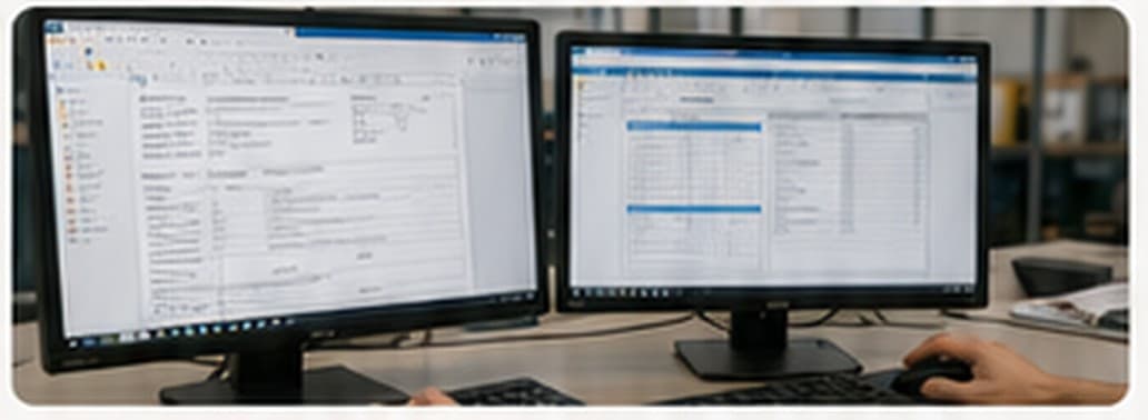 Documentos de embarque sendo conferidos em dois monitores