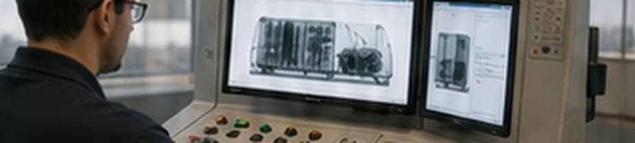 Operador analisando imagens de inspeção não intrusiva no console do scanner