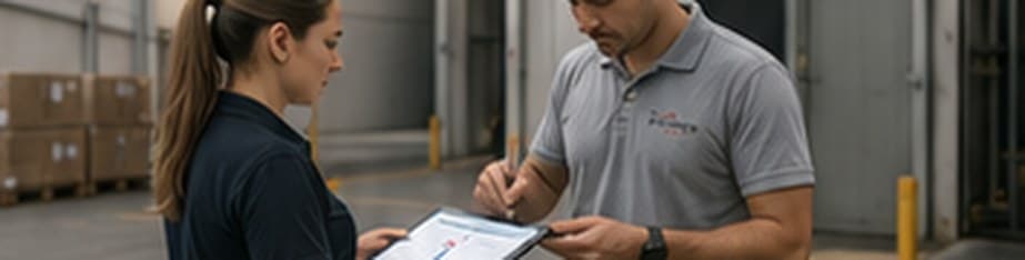 Equipe Kairós confirmando a entrega com o cliente em prancheta digital
