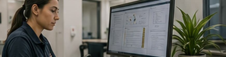Analista revisando documentação regulatória no escritório