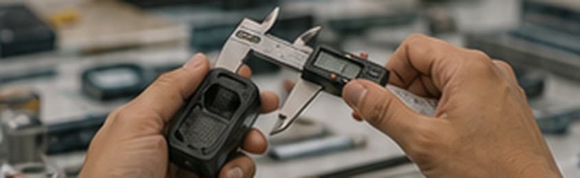Medição de peça com paquímetro durante validação de amostra