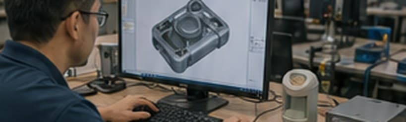 Engenheiro revisando o modelo tridimensional do produto